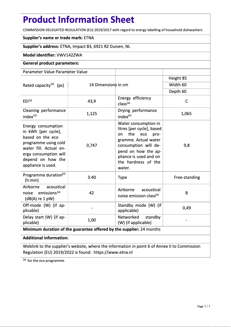 Image de la première page du manuel de l'appareil VWV142ZWA