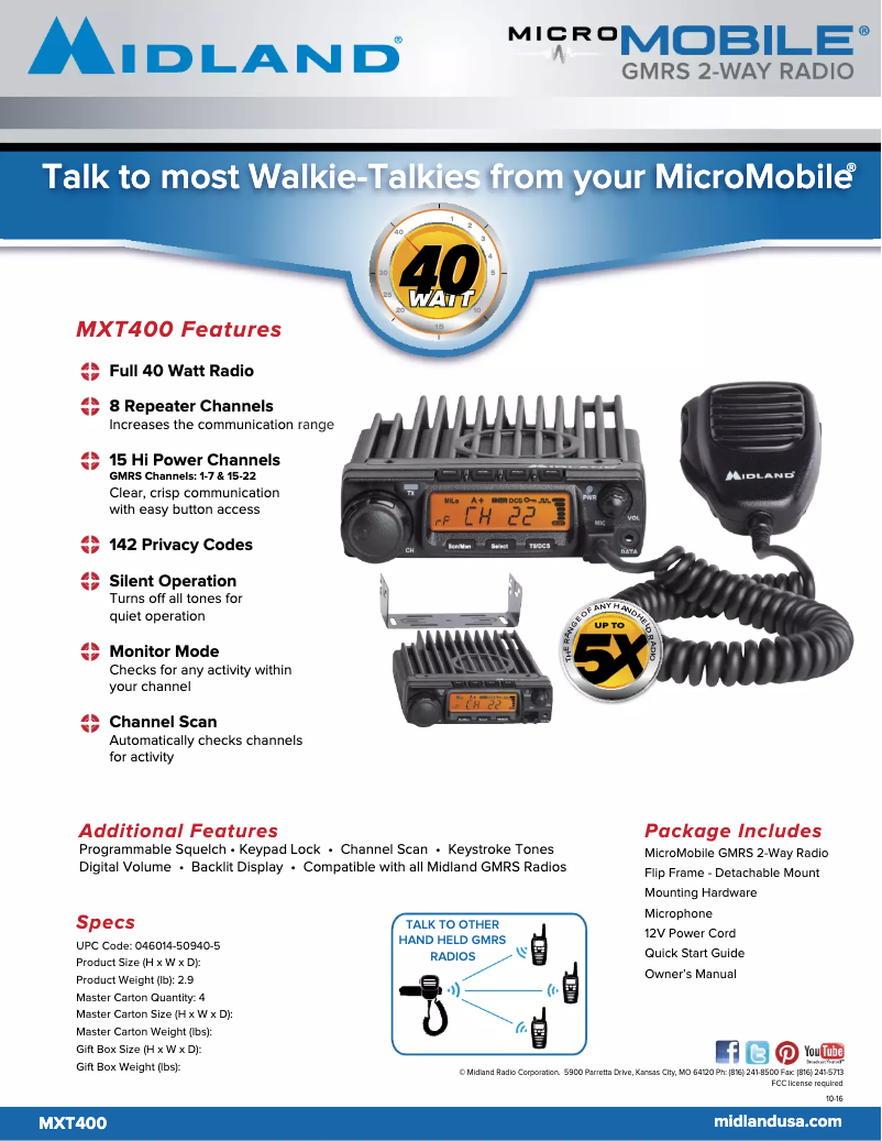 Page 1 de la notice Fiche technique Midland MicroMobile MXT400VP3