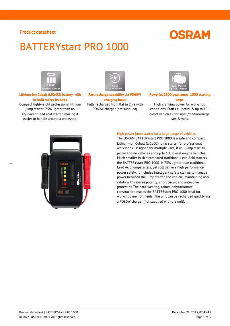 Image de la première page du manuel de l'appareil BATTERYstart PRO 1000
