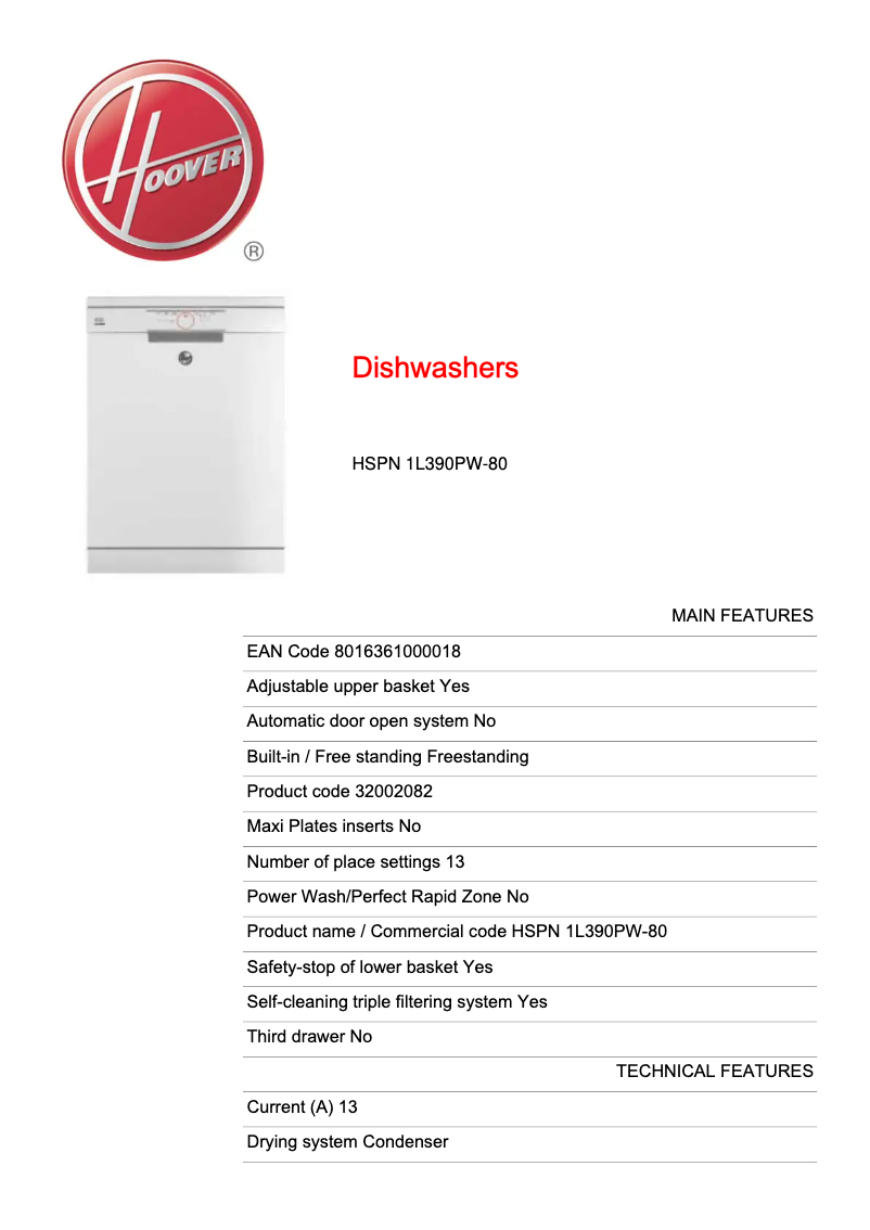 Page 1 de la notice Fiche technique Hoover HSPN 1L390PW-80