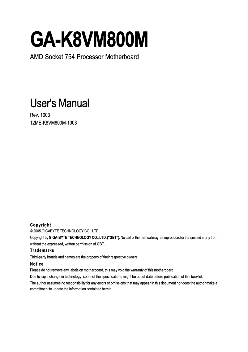 Page n°1 - Manuel utilisateur Gigabyte GA-K8VM800M
