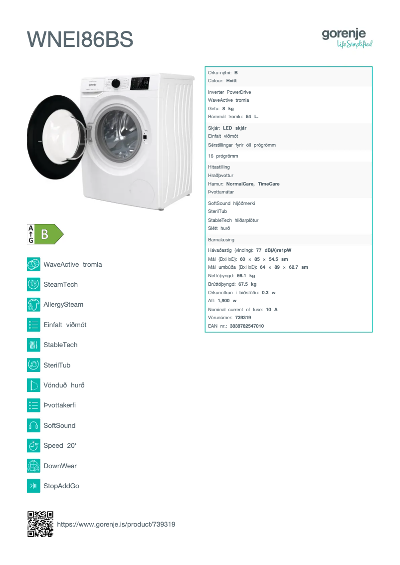Page 1 de la notice Manuel utilisateur Gorenje WNEI86BS