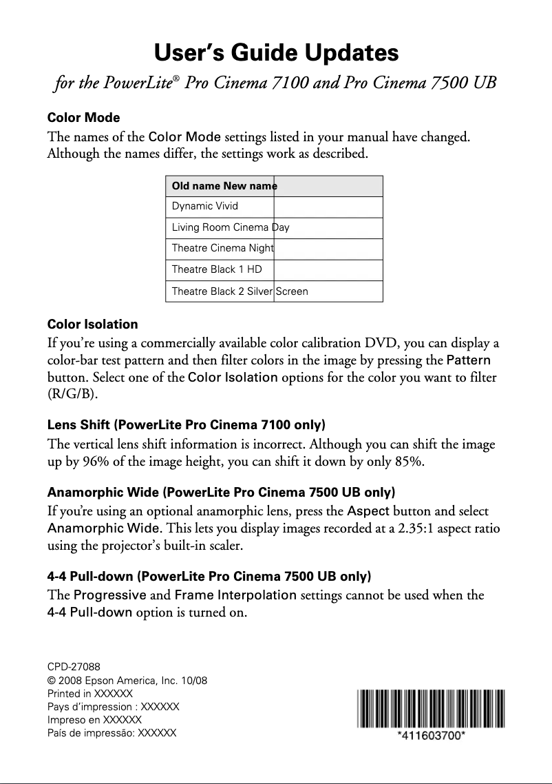 Page 1 de la notice Manuel utilisateur Epson PowerLite Pro Cinema 7100