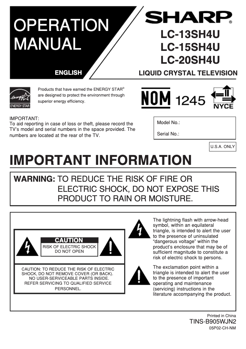Image de la première page du manuel de l'appareil Aquos LC-20SH4U