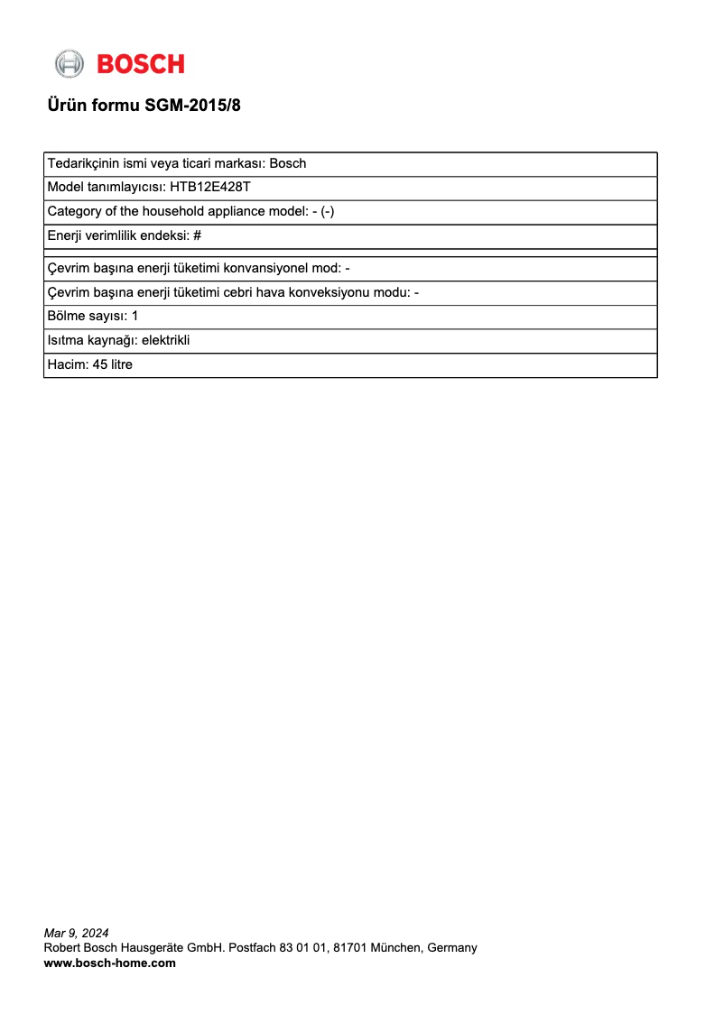 Page 1 de la notice Fiche technique Bosch HTB12E428T