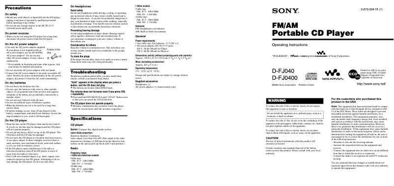 Page n°1 - Manuel utilisateur Sony Walkman D-FJ040