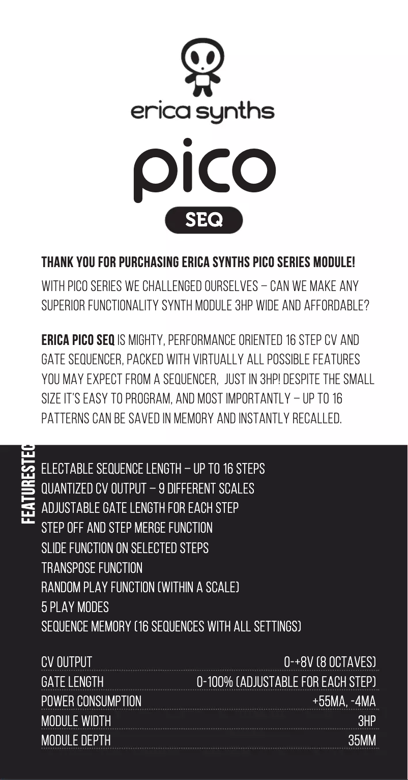 Page 1 de la notice Manuel utilisateur Erica Synths Pico SEQ