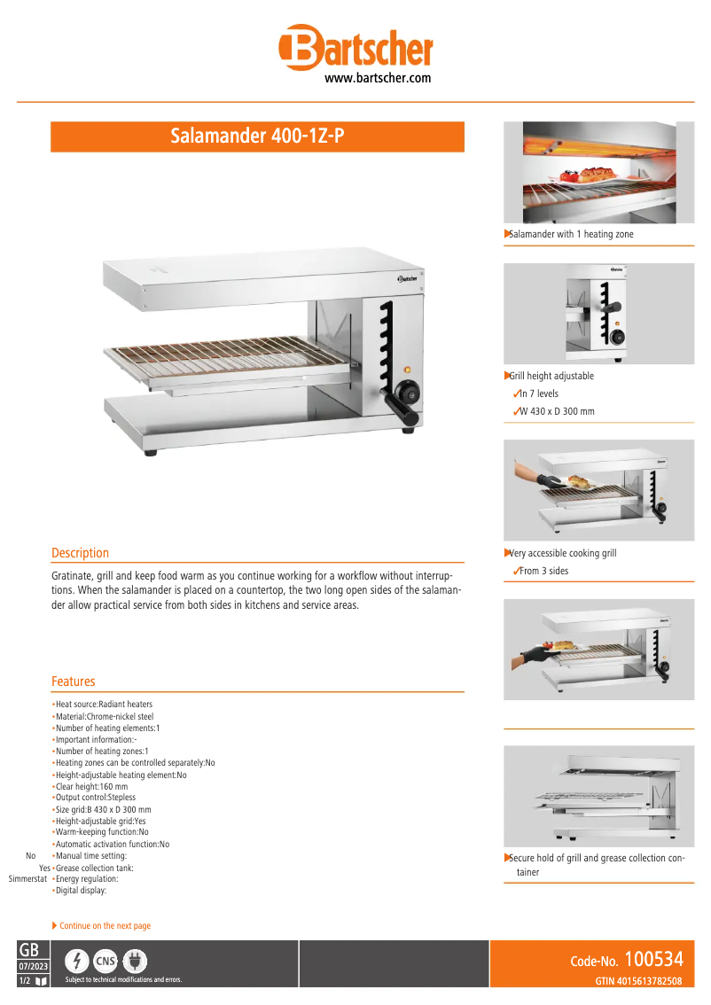 Page n°1 - Fiche technique Bartscher 400-1Z-P