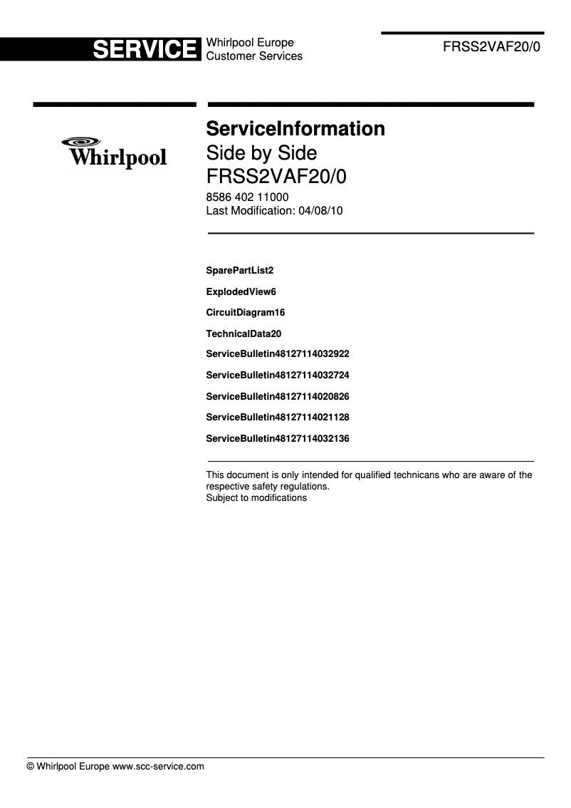 Page n°1 - Manuel utilisateur Whirlpool FRSS 2 VAF 20 2