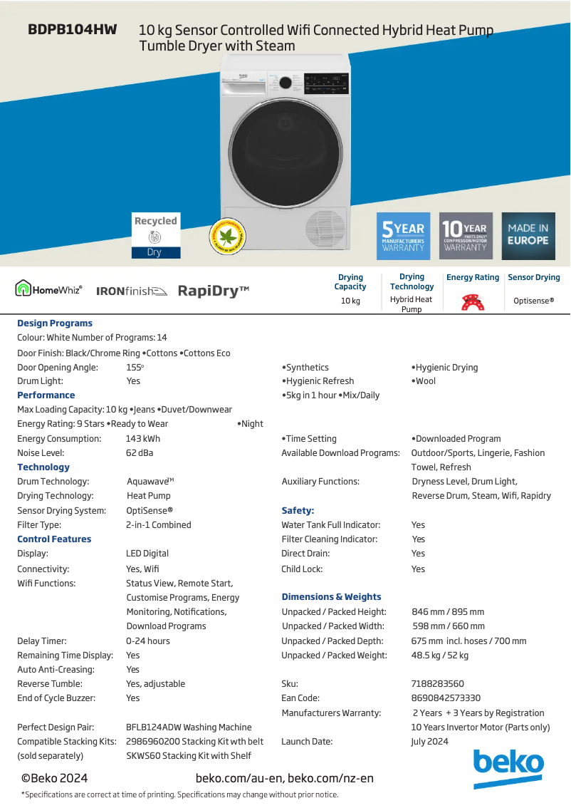 Page 1 de la notice Fiche technique Beko BDPB104HW