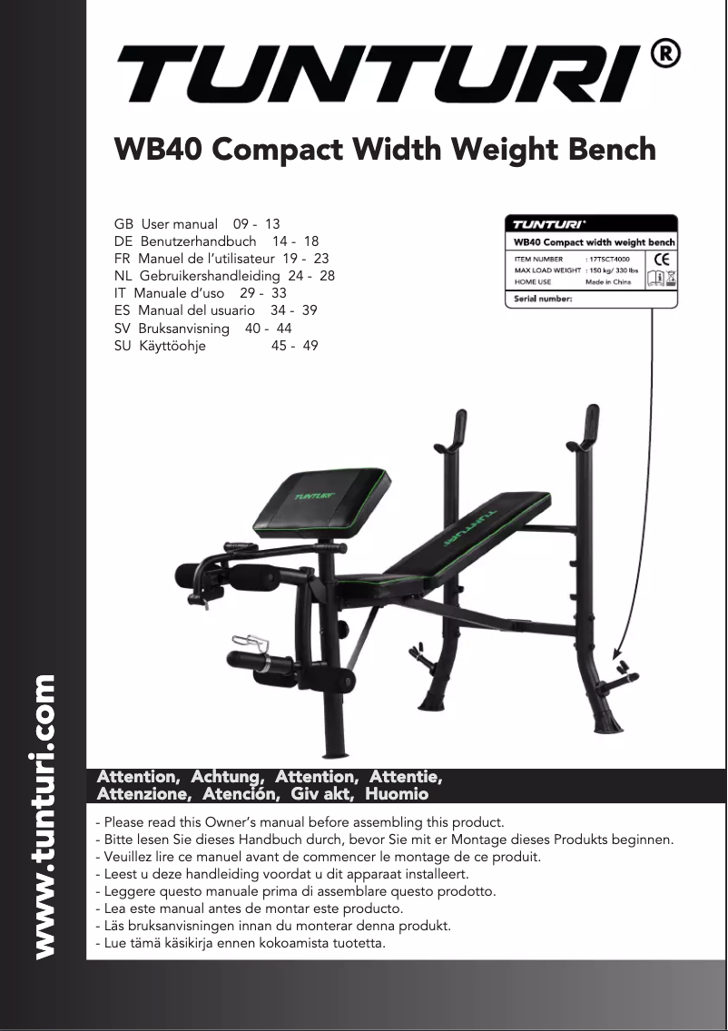 Página 1 del manual Manual de usuario Tunturi WB40 Compact Width Weight Bench