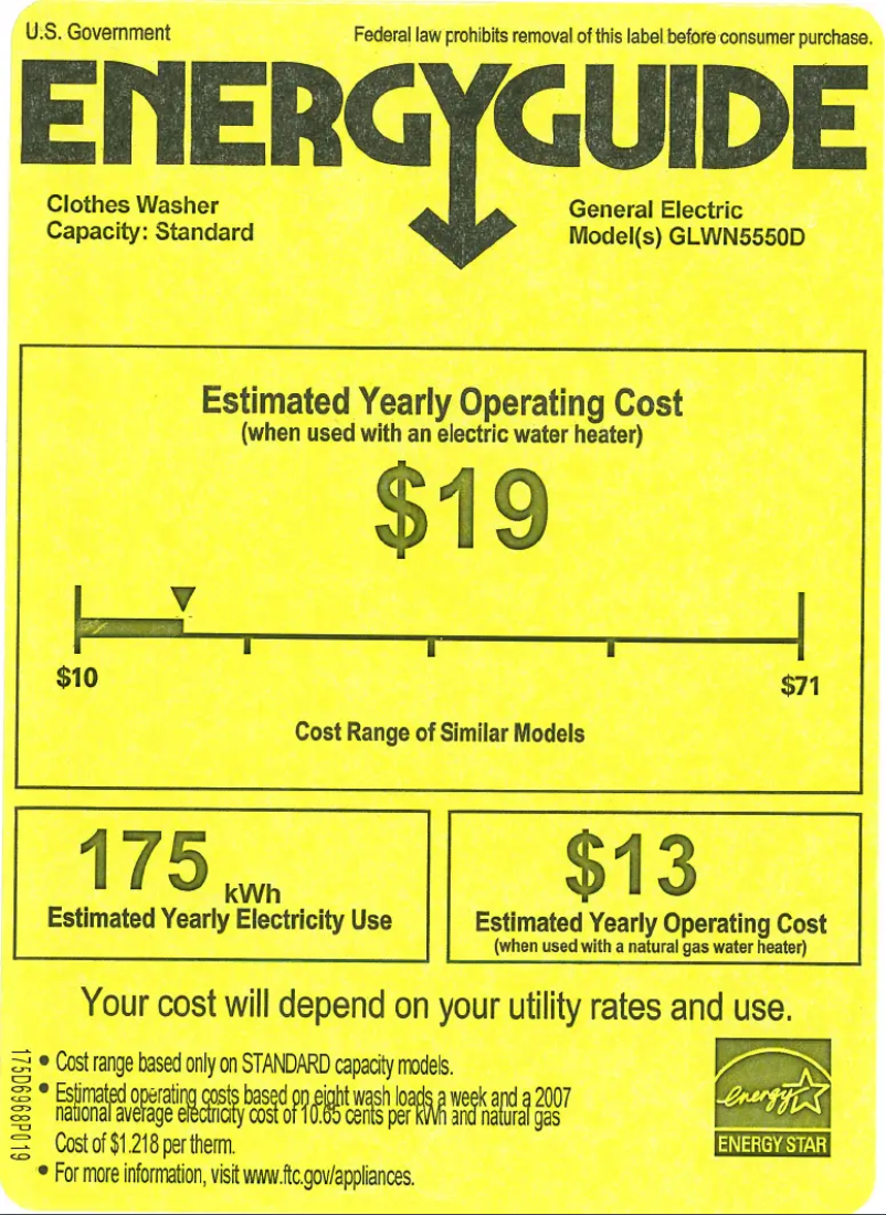 Page 1 de la notice Label énergétique GE GLWN5550DWW