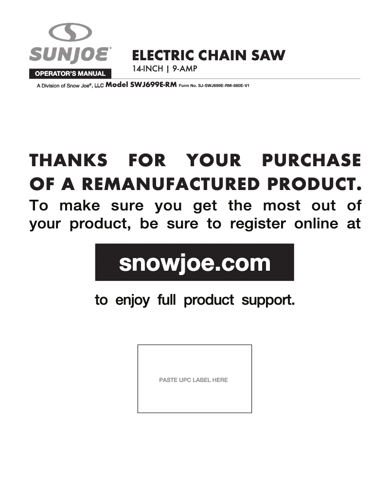 Page 1 de la notice Manuel utilisateur Sun Joe SWJ699E-RM