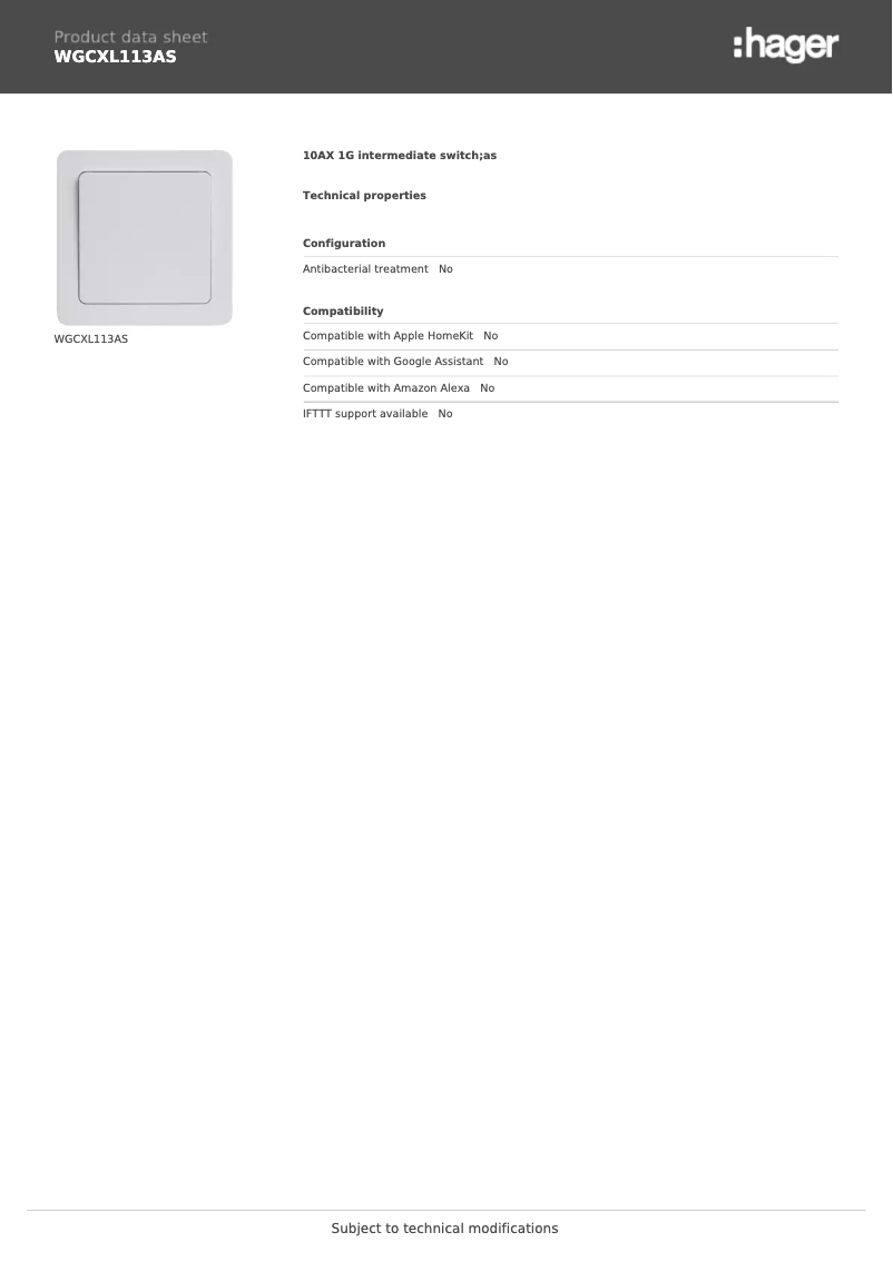 Page 1 de la notice Fiche technique Hager WGCXL113AS