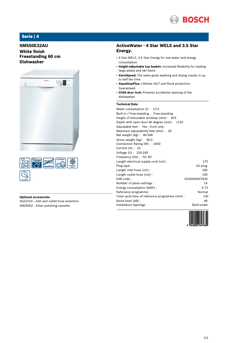 Page n°1 - Fiche technique Bosch SMS50E32AU