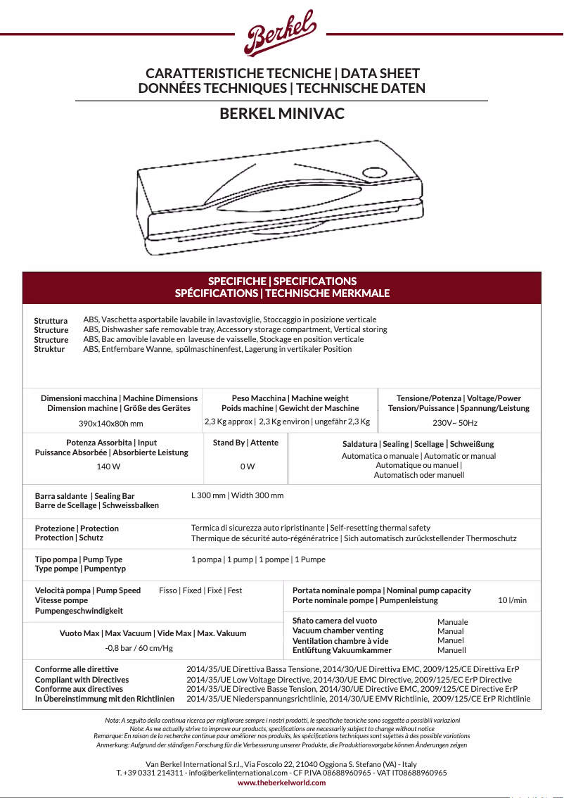 Página 1 del manual Ficha técnica Berkel MiniVac