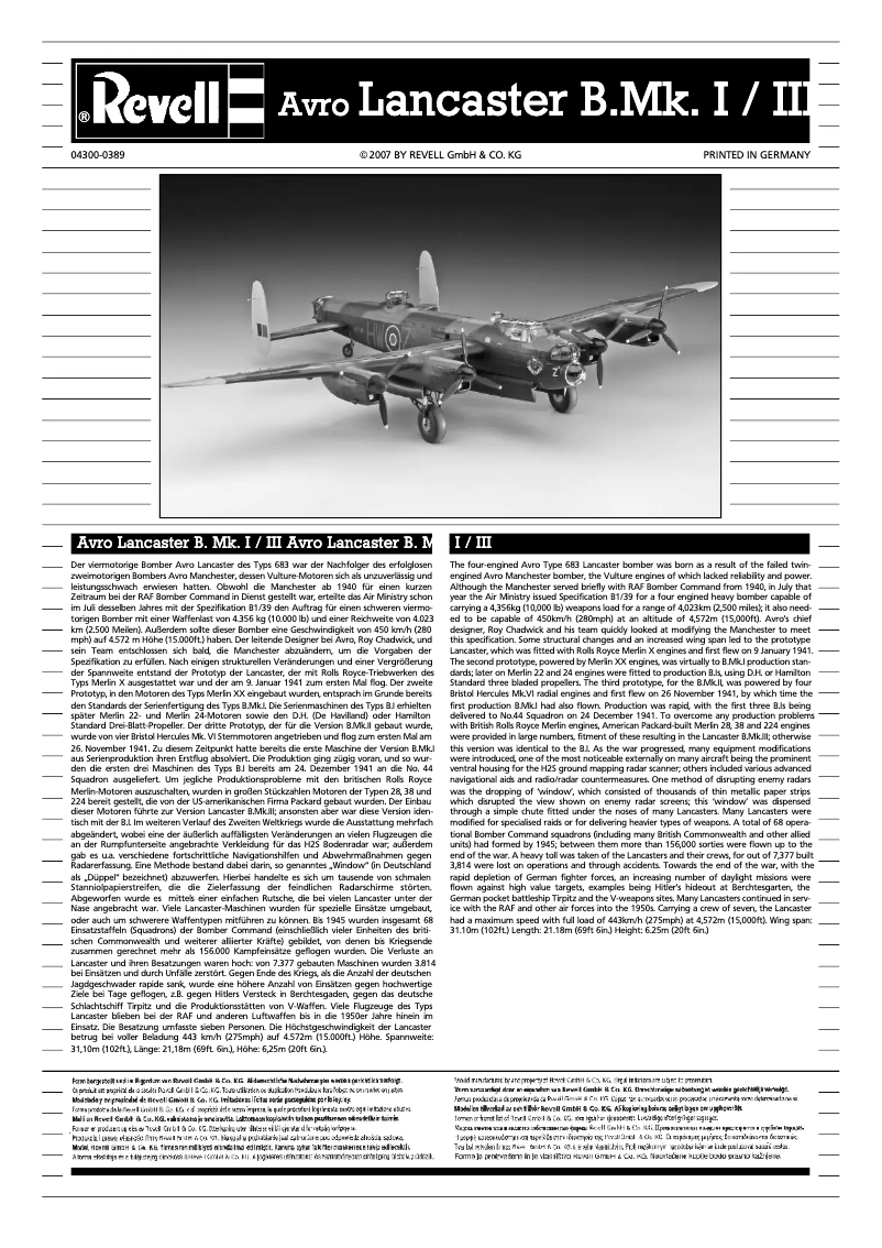 Page 1 de la notice Manuel utilisateur Revell Avro Lancaster Mk.I/III