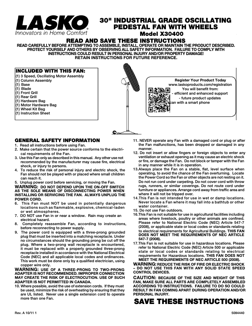 Page 1 de la notice Manuel utilisateur Lasko X30400