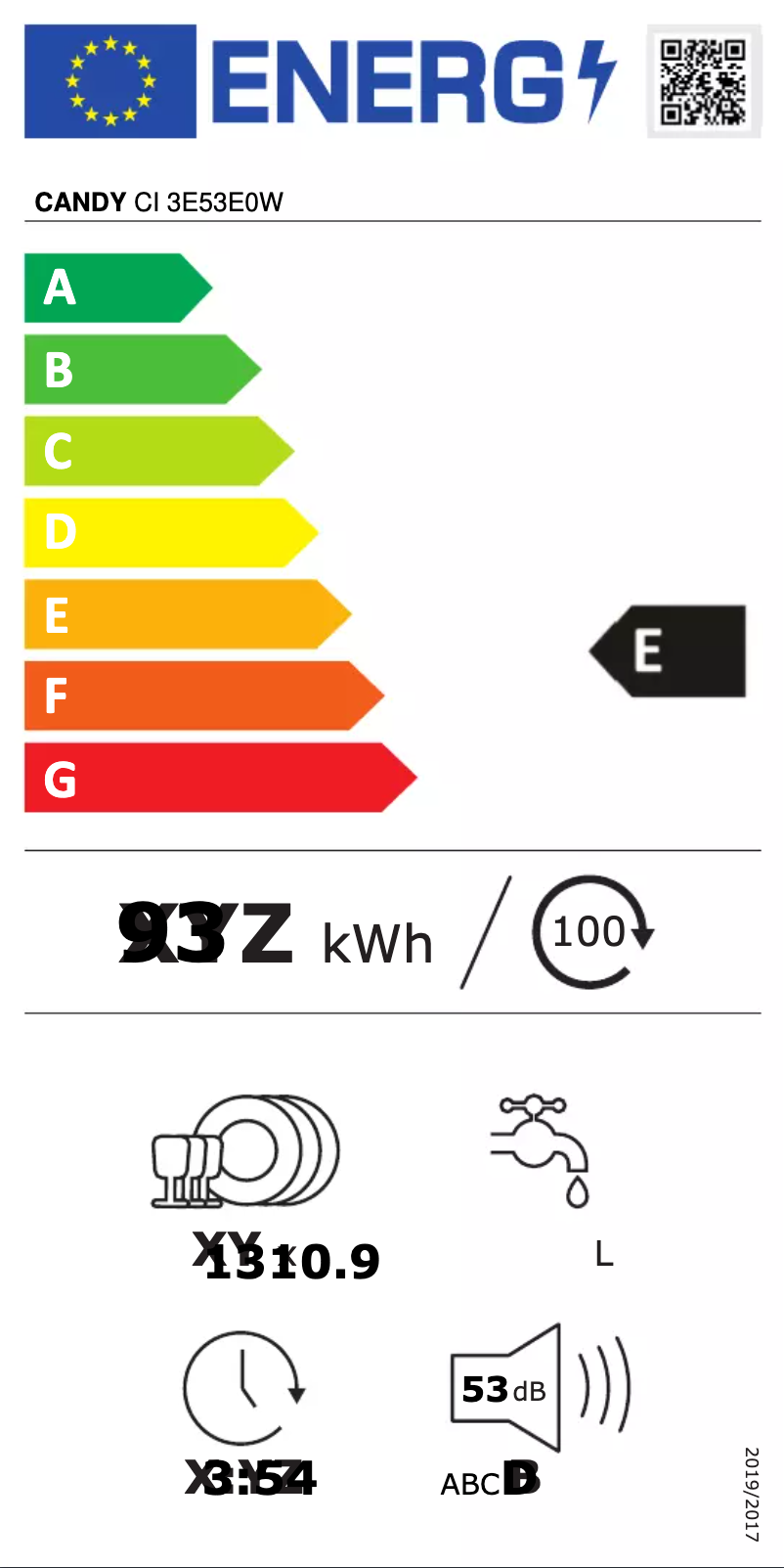 Page n°1 - Label énergétique Candy CI 3E53E0W