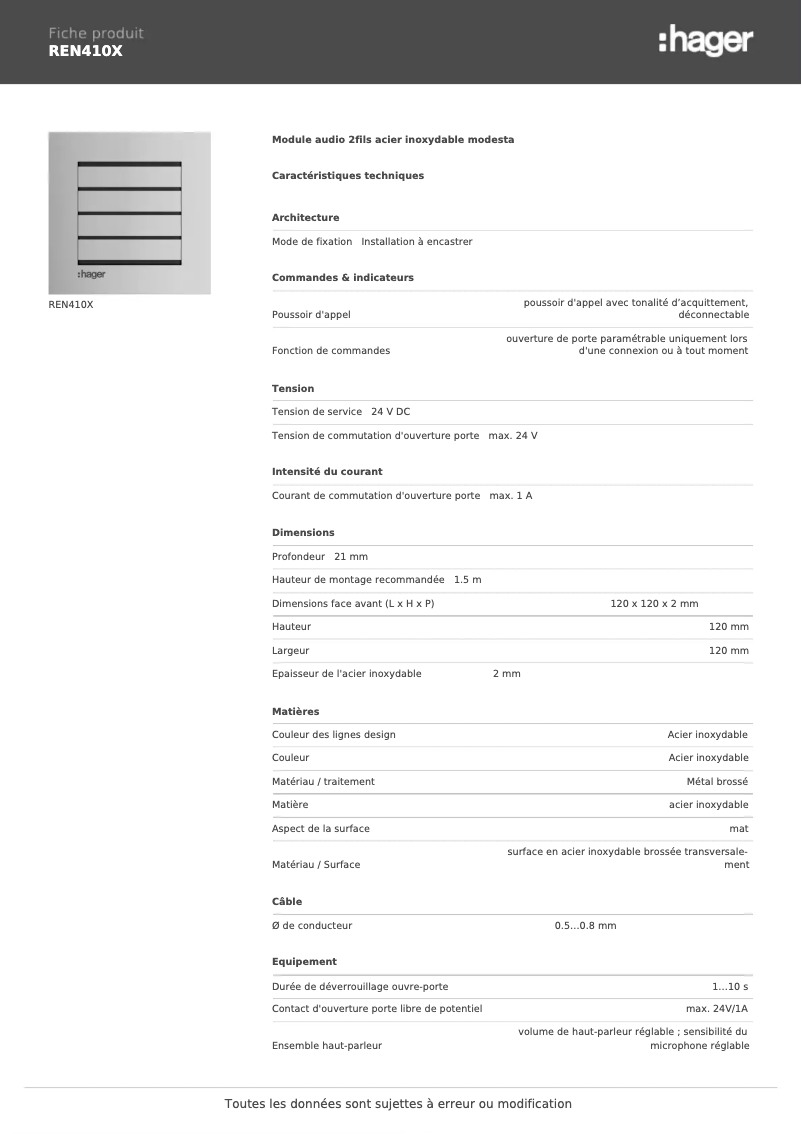 Page n°1 - Fiche technique Hager REN410X