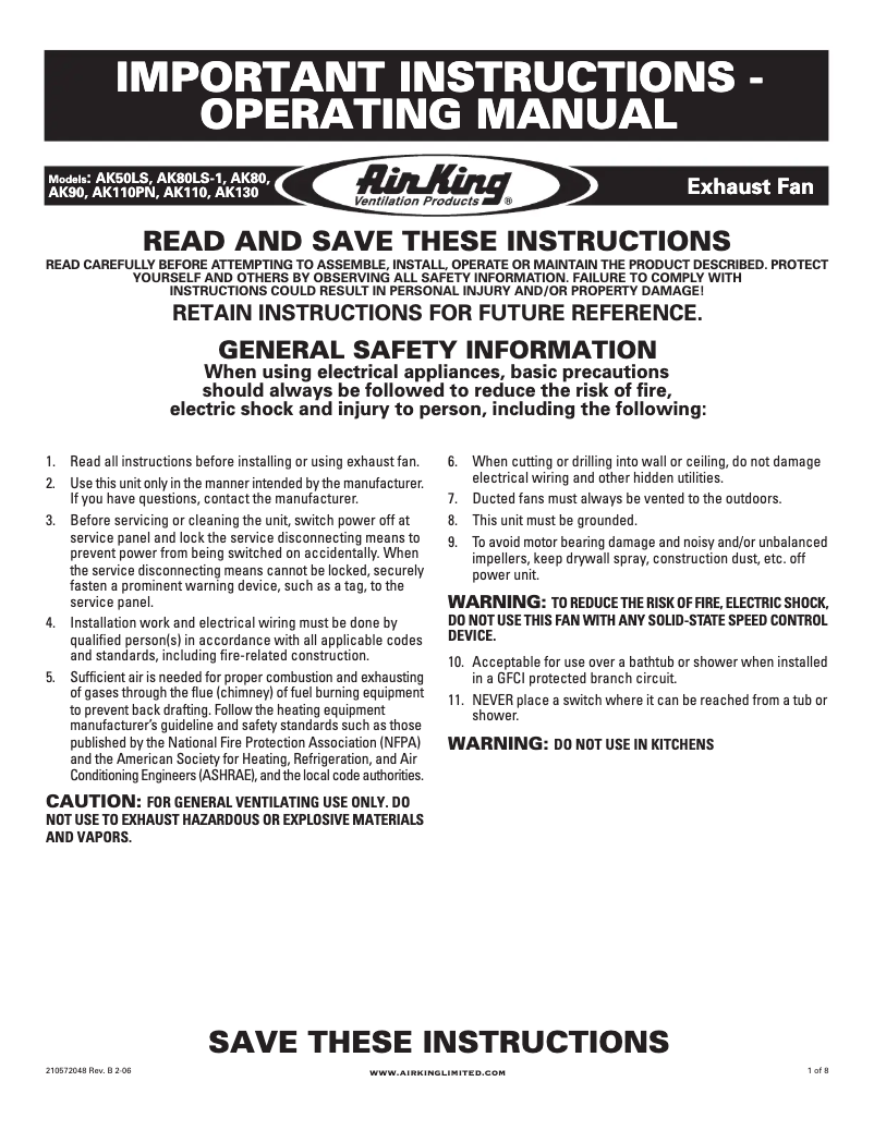 Page n°1 - Guide d'installation Air King AK50S