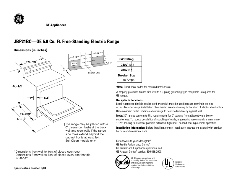 Page 1 of the manual Technical Sheet GE JBP21BCCT