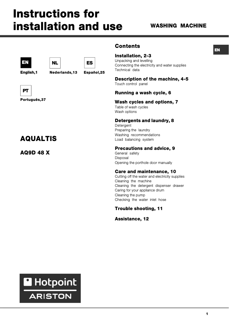 Page n°1 - Manuel utilisateur Hotpoint Ariston Aqualtis AQ9D 48 X /A