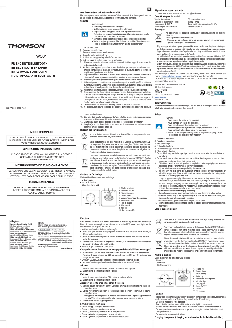 Page n°1 - Manuel utilisateur Thomson WS01