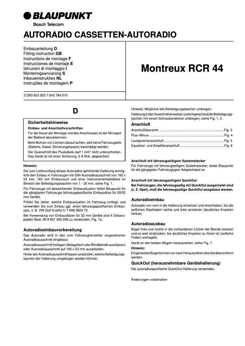 Page 1 de la notice Manuel utilisateur Blaupunkt Montreux RCT 44