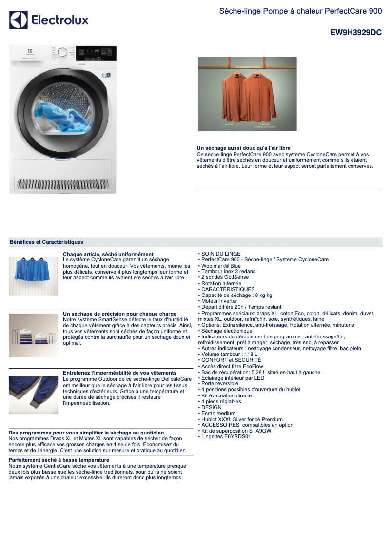 Page n°1 - Fiche technique Electrolux EW9H3929DC