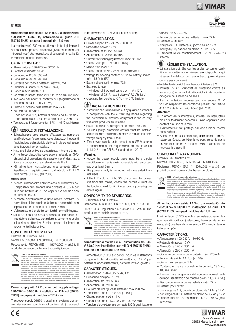 Page 1 de la notice Manuel utilisateur Vimar 01830