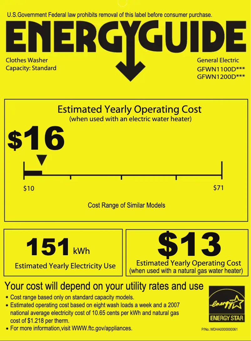 Page 1 de la notice Label énergétique GE GFWN1100DWW