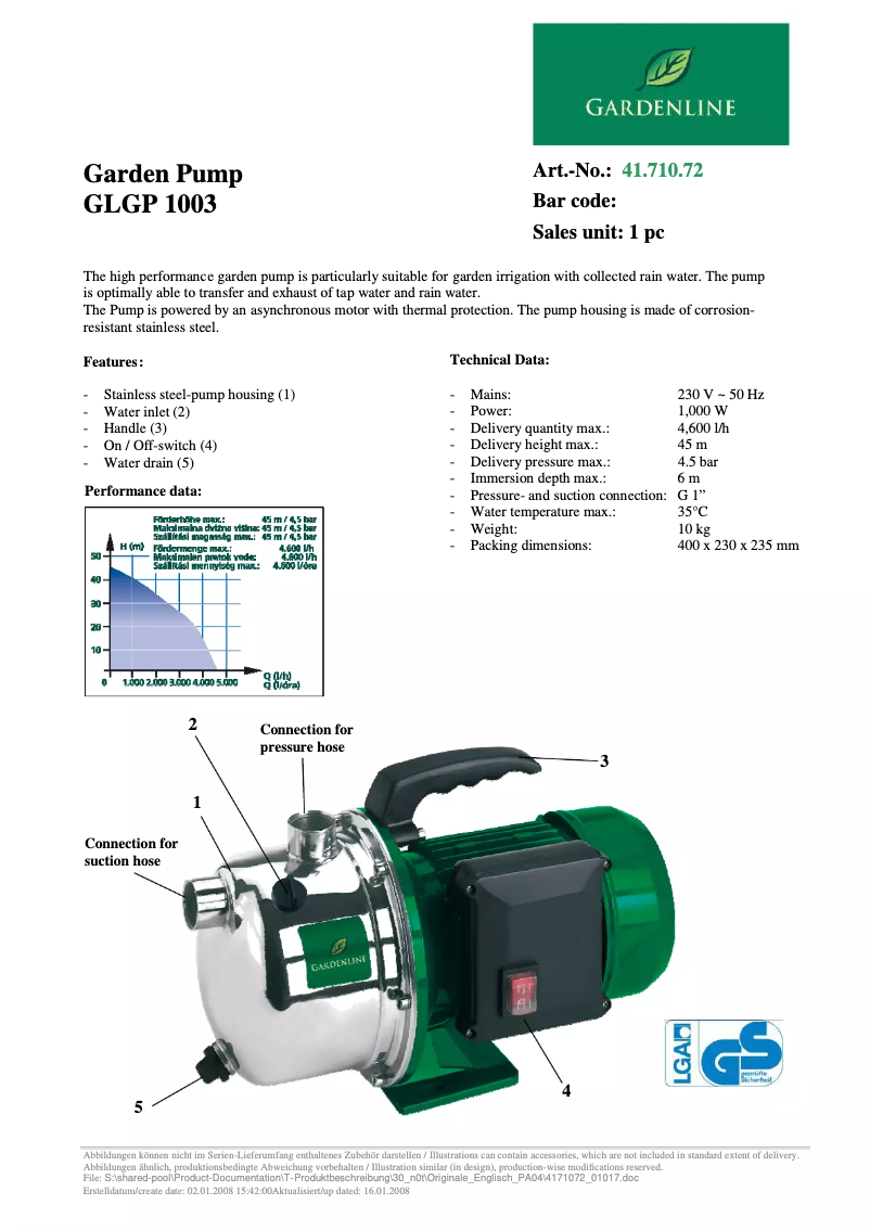 Página 1 del manual Ficha técnica Gardenline GLGP 1003