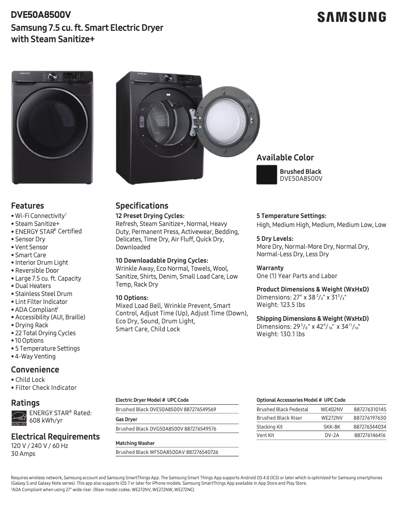 Page n°1 - Fiche technique Samsung DVE50A8500V