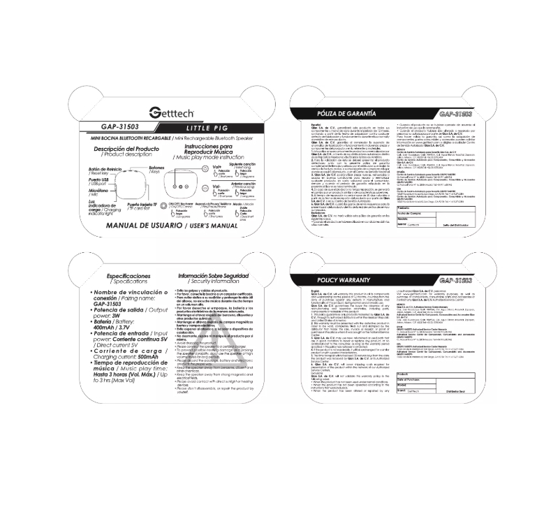 Page 1 de la notice Manuel utilisateur Getttech GAP-31503