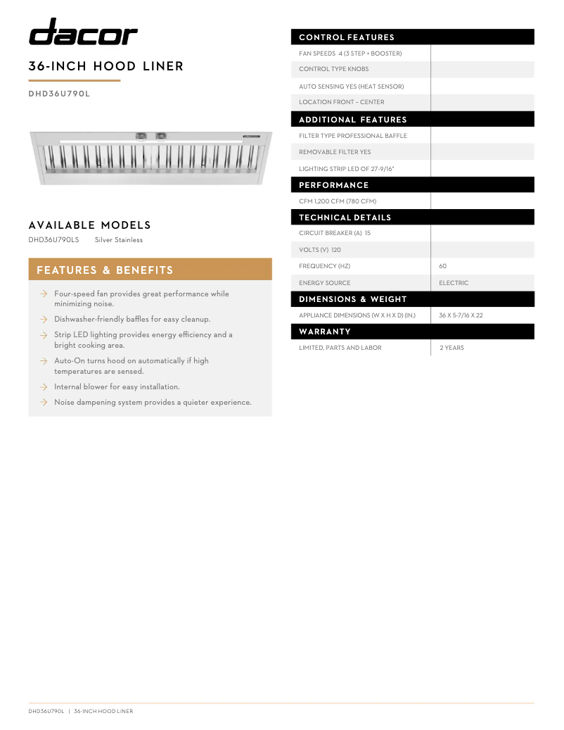 Page n°1 - Fiche technique Dacor DHD36U790LS