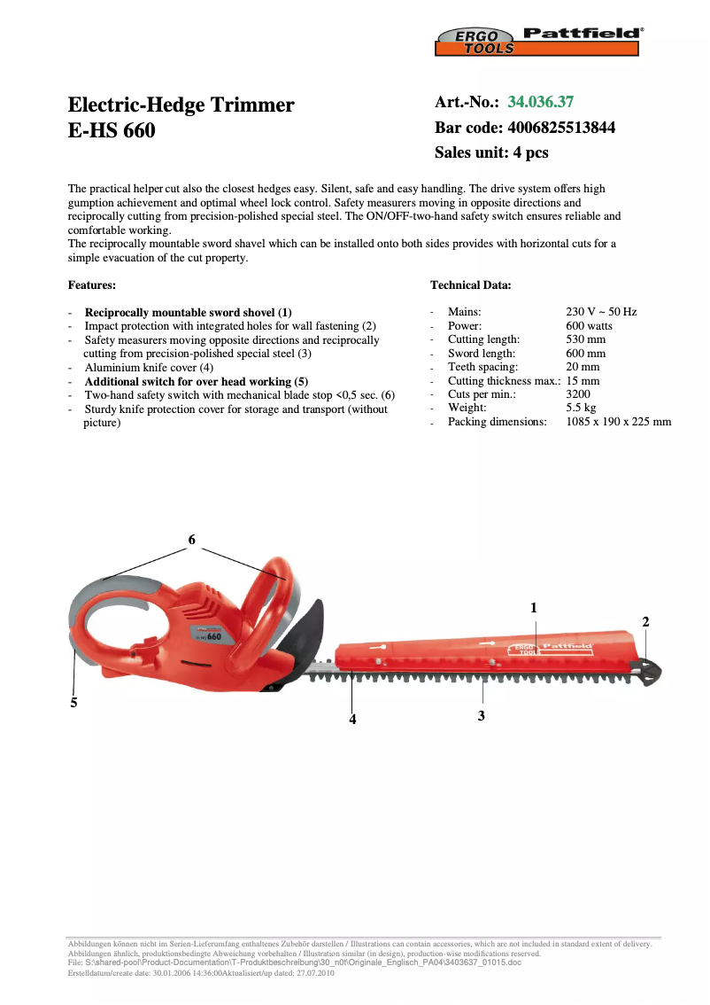 Page 1 de la notice Manuel utilisateur Ergotools Pattfield E-HS 660