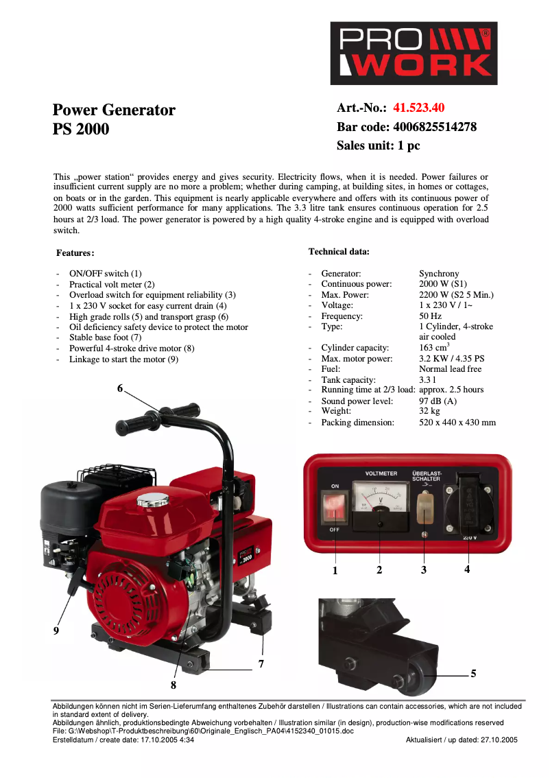 Page n°1 - Manuel utilisateur Prowork PS 2000