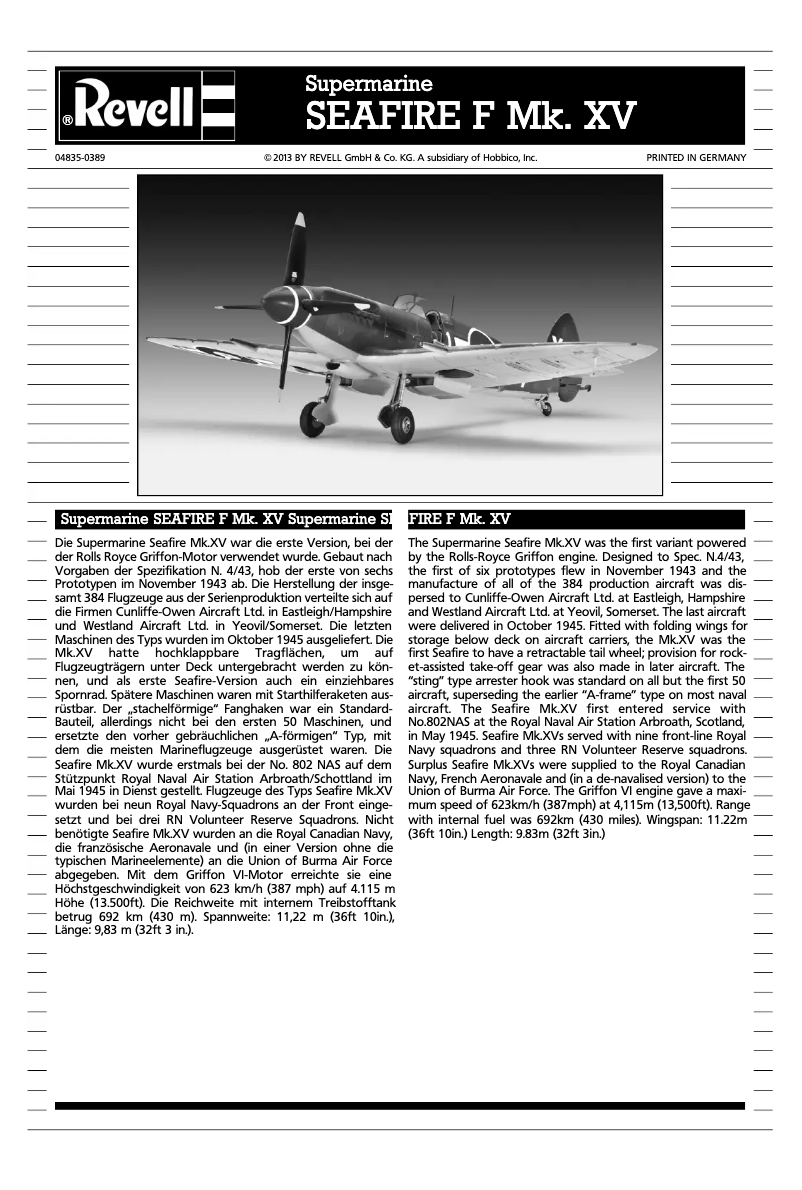 Page n°1 - Manuel utilisateur Revell Supermarine SEAFIRE Mk. XV