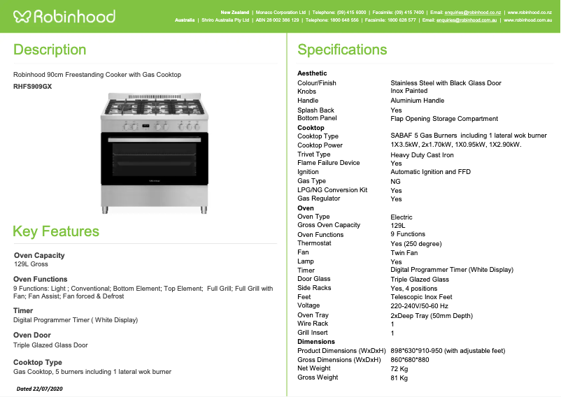 Page n°1 - Fiche technique Robinhood RHFS909GX