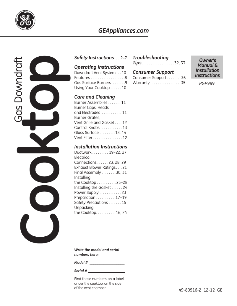 Image de la première page du manuel de l'appareil Profile PGP989SNSS