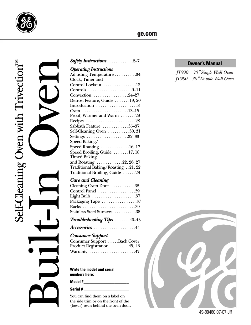 Page 1 de la notice Manuel d'utilisation et d'entretien GE JT930CHCC