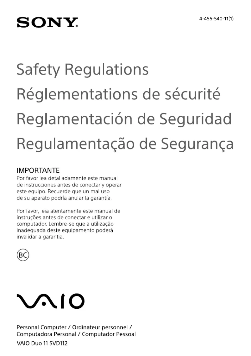 Page 1 de la notice Instructions de sécurité Sony Vaio Duo 11 SVD11223CXS