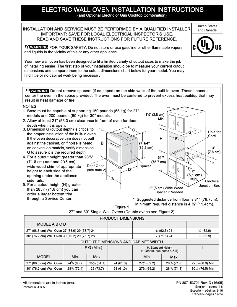 Page n°1 - Guide d'installation Frigidaire FPEW2785PF