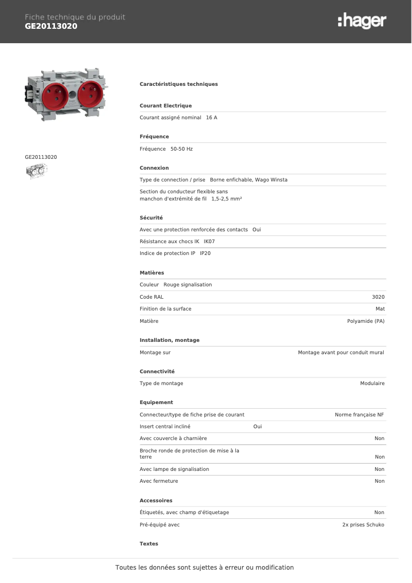 Page n°1 - Manuel utilisateur Hager GE20113020