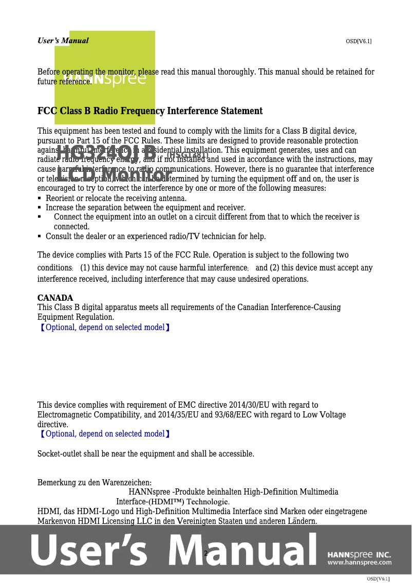 Page 1 de la notice Manuel utilisateur Hannspree HG 324 QJB