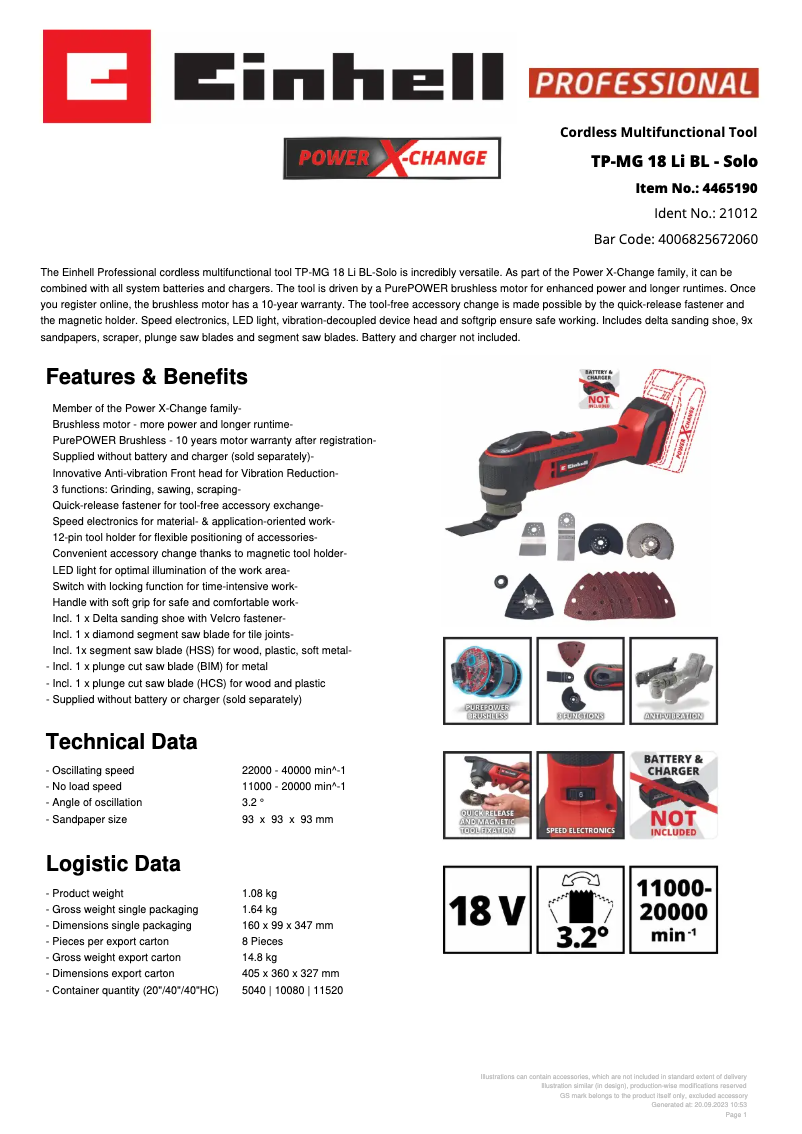 Page 1 de la notice Fiche technique Einhell TP-MG 18 Li BL
