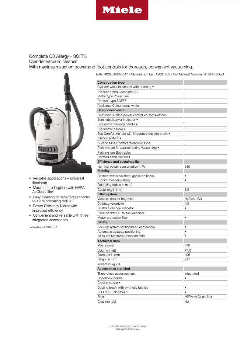 Page n°1 - Fiche technique Miele Complete C3 Allergy