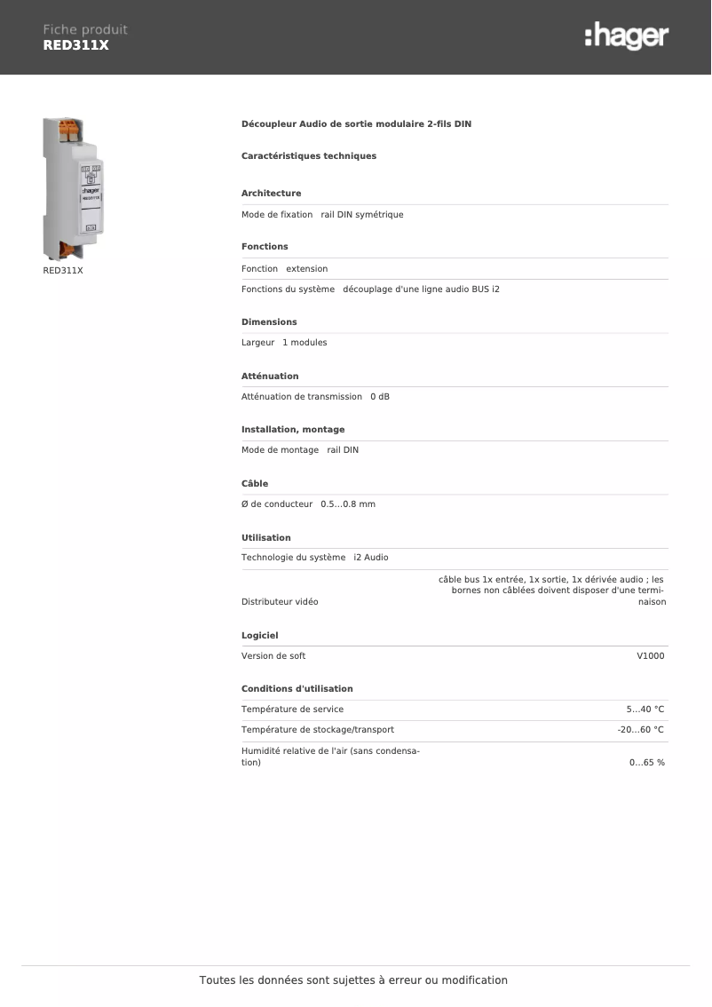 Page n°1 - Fiche technique Hager RED311X