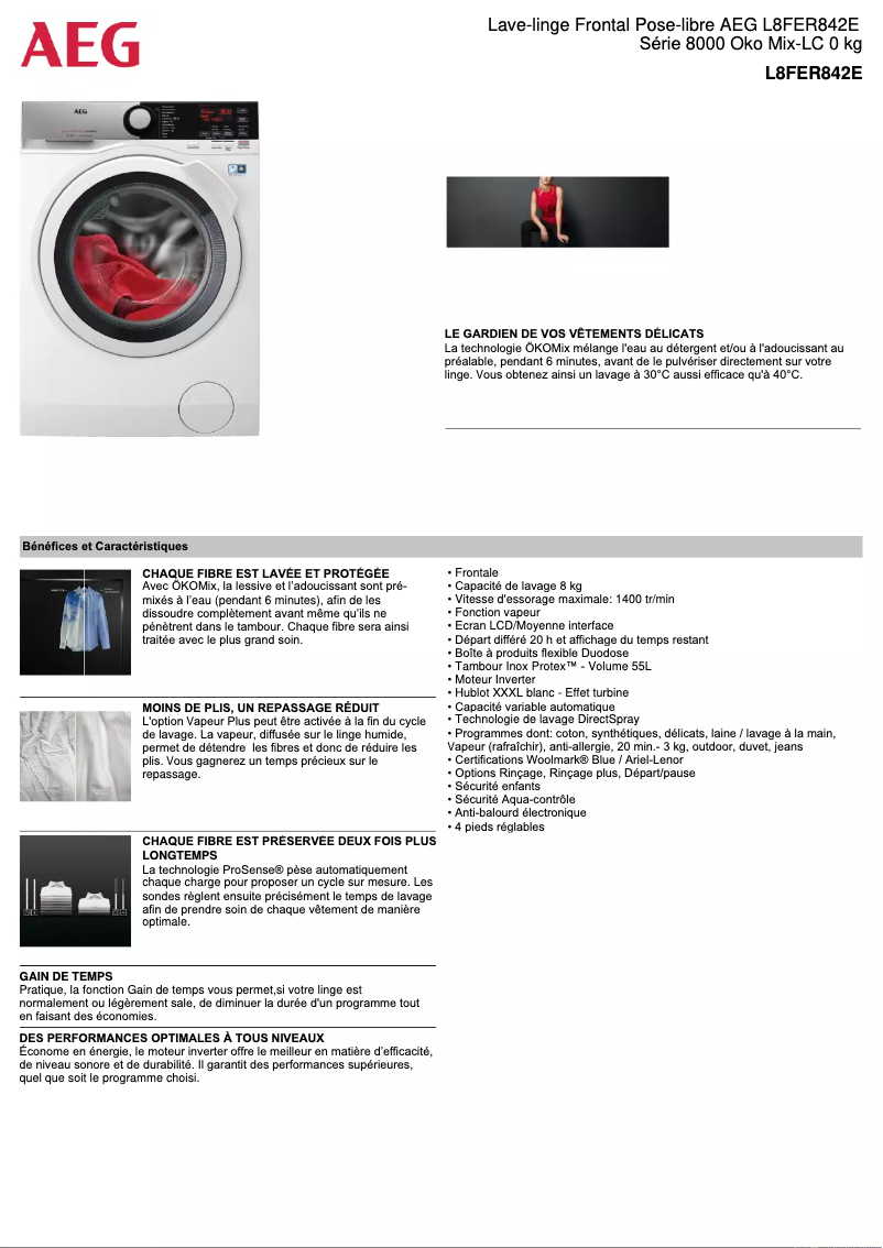 Page 1 de la notice Fiche technique AEG L8FER842E